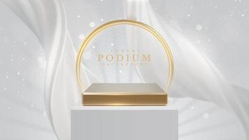 Product display podium with white liquid element with golden curve lines decoration and glitter light effect. Realistic luxury style design. Vector illustration.