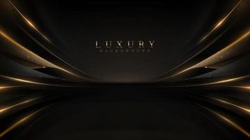 Black luxury background with golden line elements and light ray effect decoration and bokeh. vector