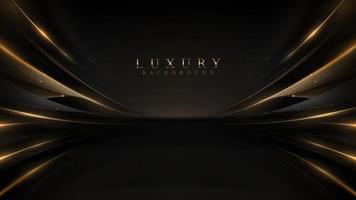 Black luxury background with golden line elements and light ray effect decoration and bokeh. vector