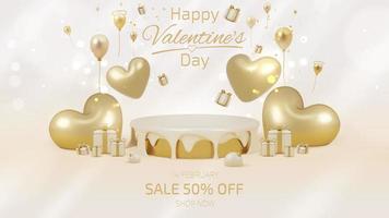 Valentine day sale banner template with 3d heart shape elements and podium for product display and light effect decorations and bokeh. Luxury background concept. Vector illustration.