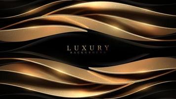 Black luxury background with 3d realistic gold curve elements and glitter light effect decoration and bokeh. Vector illustration.