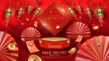 Red luxury background with product display podium element with 3d realistic chinese new year ornament and glitter light effect decoration and bokeh. Vector illustration.