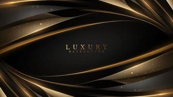 Black luxury background with golden ribbon elements and glitter light effect decoration and bokeh and stars. Realistic 3d style design. Vector illustration.
