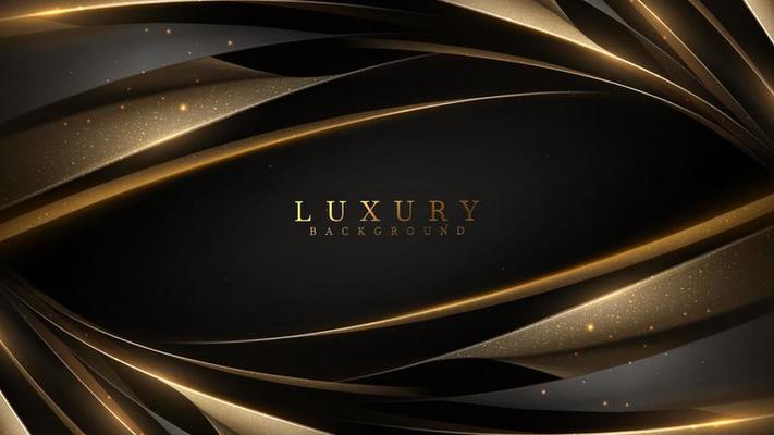 Black luxury background with golden ribbon elements and glitter light effect decoration and bokeh and stars. Realistic 3d style design. Vector illustration.