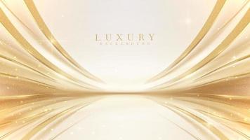 Luxury cream color background with golden line elements and curve light effect decoration and bokeh. vector