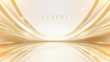 Luxury cream color background with golden line elements and curve light effect decoration and bokeh. vector