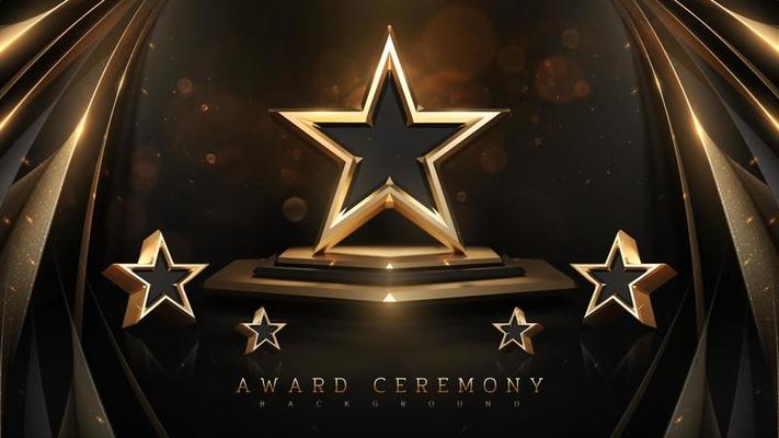 Award ceremony background with 3d gold star and ribbon element and glitter light effect decoration.