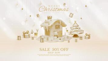 Luxury background with 3d realistic christmas ornaments decoration and light effect and bokeh and snow. vector