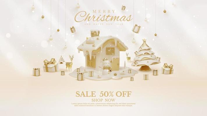 Luxury background with 3d realistic christmas ornaments decoration and light effect and bokeh and snow.