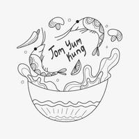 Thai food  lettering Tom yum kung , Soup with shrimps, Vector  illustration