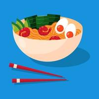 Japanese soup ramen with noodles, prawns, eggs, avocado, nori sheets and chopsticks on blue background. vector