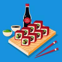 Sushi with soy sauce, wasabi and chopsticks on blue background. Japanese food. vector