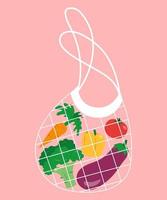 Vegetables in zero waste string bag isolated on pink background. vector