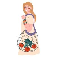 Young woman with eco string bag with vegetables. Green lifestyle, zero waste, vegetarianism, environment preservation concept. vector