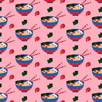 Seamless pattern with chinese soup ramen, prawns and nori seaweed on pink background. vector