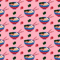 Seamless pattern with chinese soup ramen, prawns and nori seaweed on pink background. vector