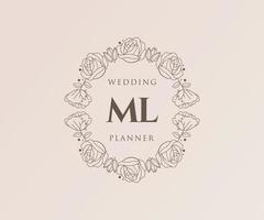 ML Initials letter Wedding monogram logos collection, hand drawn modern minimalistic and floral templates for Invitation cards, Save the Date, elegant identity for restaurant, boutique, cafe in vector