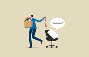 Submit a resignation. Officially resigned.Resign from the company. Change a new job. Company employee holding a box with office supplies and stationery. Illustration vector