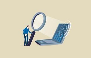 Analyst working with Business Analytics.  KPI and metrics connected to database. Analyze data for insight information. Businessman researching with magnifying glass. Illustration vector