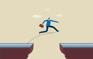 Determination and Courage. career challenge or motivation to win.  businessman jump or road over cliff gap to achieve business target. illustration vector