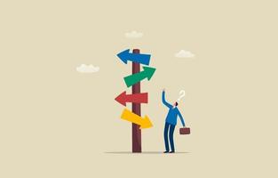 Career decisions. Many options for making decisions. Choice of business or job. Businessman thinking with question and  confused with the road sign or guide post. Illustration vector