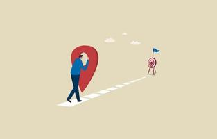 Goal tracking. Follow up on targeted. Progress from beginning to success. Map or direction to navigate to goal. Businessman following Pin. Illustration vector