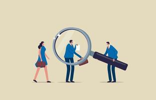 HRM or Human Resource Management. Magnifier glass focus to candidate. Illustration vector