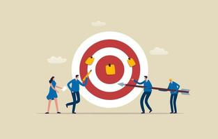 Strategies for teams to work toward the same goal. Improve teamwork collaboration in the workplace. Business team standing at dart board target. Illustration vector