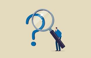 Frequently asked question. Searching for answers. Man holding magnifying glass and looking through it at question mark points. Illustration vector