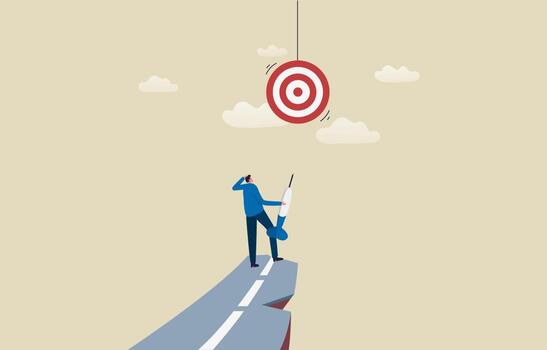 Focus on target. Overcome yourself and the challenge. Achieve business objective. Businessman standing on the cliff and looking at the target in the sky. Illustration vector