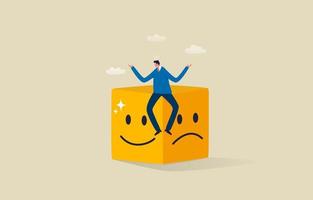 Mental health and emotional state. Smile face  and sad face. Businessman balancing a smile and a sad face. Illustration vector