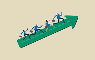 Business team with common aims and goals. Team success and improvement. Business people run up on the arrow. Illustration vector