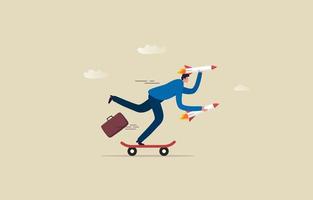 Competition  a Startup Business. Entrepreneur is eager to make money for company. Ready businessman holding a rocket with a skateboard. Illustration vector