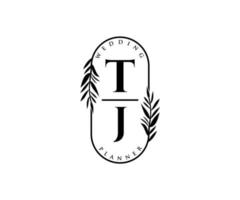 colección de logotipos de monograma de boda con letras iniciales de tj, plantillas florales y minimalistas modernas dibujadas a mano para tarjetas de invitación, guardar la fecha, identidad elegante para restaurante, boutique, café en vector