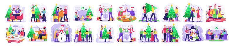 conjunto de ilustración de concepto de navidad y feliz año nuevo con personas que celebran la fiesta de vacaciones de invierno de navidad. ilustración vectorial en estilo plano vector