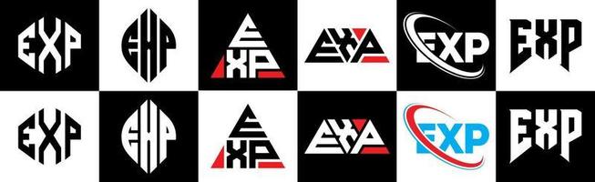 EXP letter logo design in six style. EXP polygon, circle, triangle, hexagon, flat and simple style with black and white color variation letter logo set in one artboard. EXP minimalist and classic logo vector