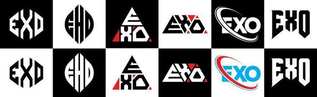 EXO letter logo design in six style. EXO polygon, circle, triangle, hexagon, flat and simple style with black and white color variation letter logo set in one artboard. EXO minimalist and classic logo vector