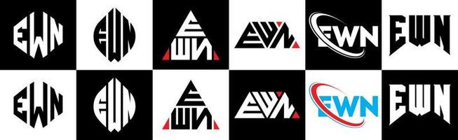 EWN letter logo design in six style. EWN polygon, circle, triangle, hexagon, flat and simple style with black and white color variation letter logo set in one artboard. EWN minimalist and classic logo vector