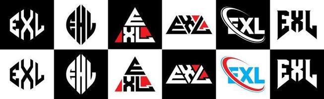 EXL letter logo design in six style. EXL polygon, circle, triangle, hexagon, flat and simple style with black and white color variation letter logo set in one artboard. EXL minimalist and classic logo vector