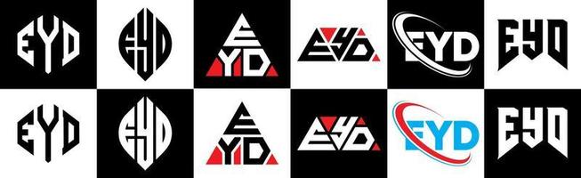 diseño del logotipo de la letra eyd en seis estilos. polígono eyd, círculo, triángulo, hexágono, estilo plano y simple con logotipo de letra de variación de color blanco y negro en una mesa de trabajo. logotipo minimalista y clásico de eyd vector