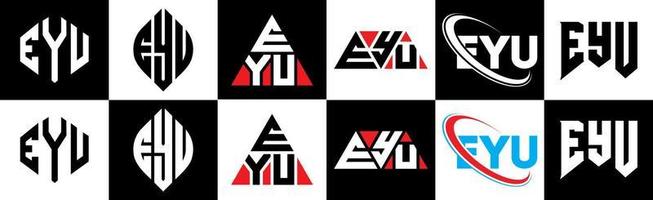 EYU letter logo design in six style. EYU polygon, circle, triangle, hexagon, flat and simple style with black and white color variation letter logo set in one artboard. EYU minimalist and classic logo vector