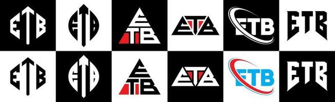 Diseño de logotipo de letra etb en seis estilos. etb polígono, círculo, triángulo, hexágono, estilo plano y simple con logotipo de letra de variación de color blanco y negro en una mesa de trabajo. logotipo minimalista y clásico de etb vector