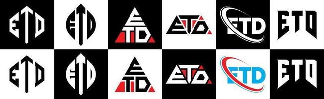 diseño de logotipo de letra etd en seis estilos. etd polígono, círculo, triángulo, hexágono, estilo plano y simple con logotipo de letra de variación de color blanco y negro en una mesa de trabajo. etd logotipo minimalista y clásico vector