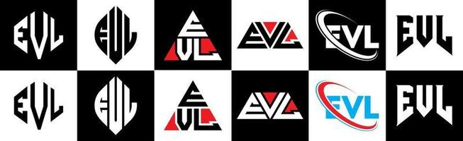 diseño de logotipo de letra evl en seis estilos. polígono evl, círculo, triángulo, hexágono, estilo plano y simple con logotipo de letra de variación de color blanco y negro en una mesa de trabajo. logotipo minimalista y clásico evl vector