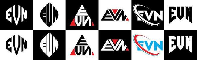 EVN letter logo design in six style. EVN polygon, circle, triangle, hexagon, flat and simple style with black and white color variation letter logo set in one artboard. EVN minimalist and classic logo vector