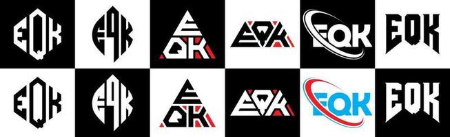 EQK letter logo design in six style. EQK polygon, circle, triangle, hexagon, flat and simple style with black and white color variation letter logo set in one artboard. EQK minimalist and classic logo vector