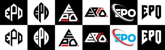 diseño de logotipo de letra epo en seis estilos. epo polígono, círculo, triángulo, hexágono, estilo plano y simple con logotipo de letra de variación de color blanco y negro en una mesa de trabajo. logotipo epo minimalista y clásico vector