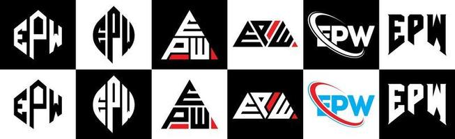 EPW letter logo design in six style. EPW polygon, circle, triangle, hexagon, flat and simple style with black and white color variation letter logo set in one artboard. EPW minimalist and classic logo vector