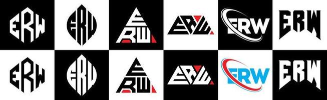 ERW letter logo design in six style. ERW polygon, circle, triangle, hexagon, flat and simple style with black and white color variation letter logo set in one artboard. ERW minimalist and classic logo vector