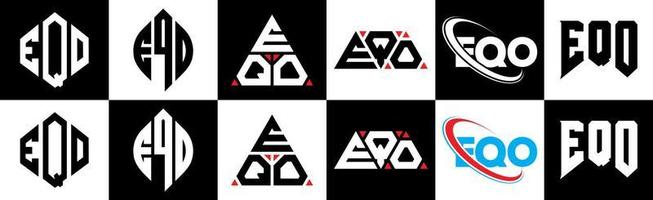 EQO letter logo design in six style. EQO polygon, circle, triangle, hexagon, flat and simple style with black and white color variation letter logo set in one artboard. EQO minimalist and classic logo vector